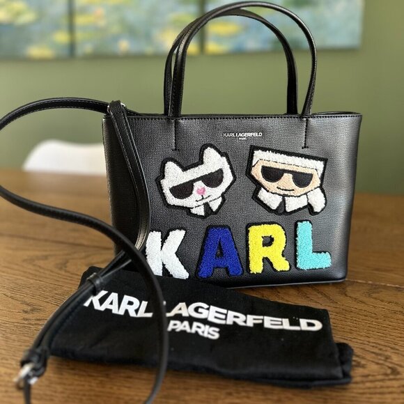 NWT! Karl Lagerfeld Maybelle Mini Tote Satchel Fur Patch Logo Black - Picture 1 of 7